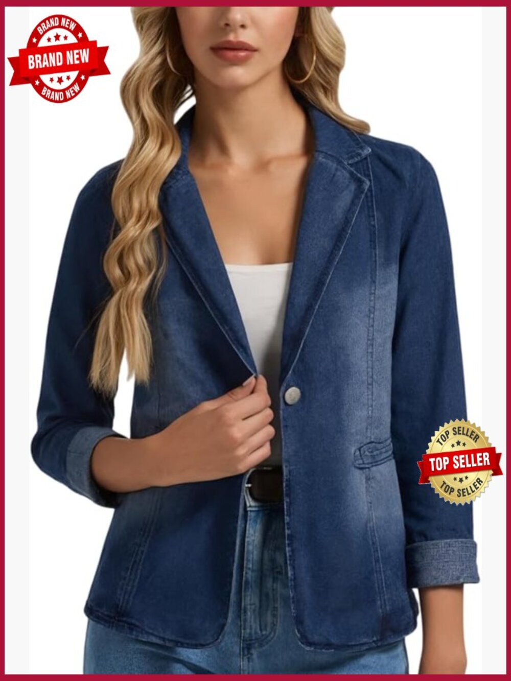 Long Sleeve Denim Blazer with Notched Lapel Button Slim Fit